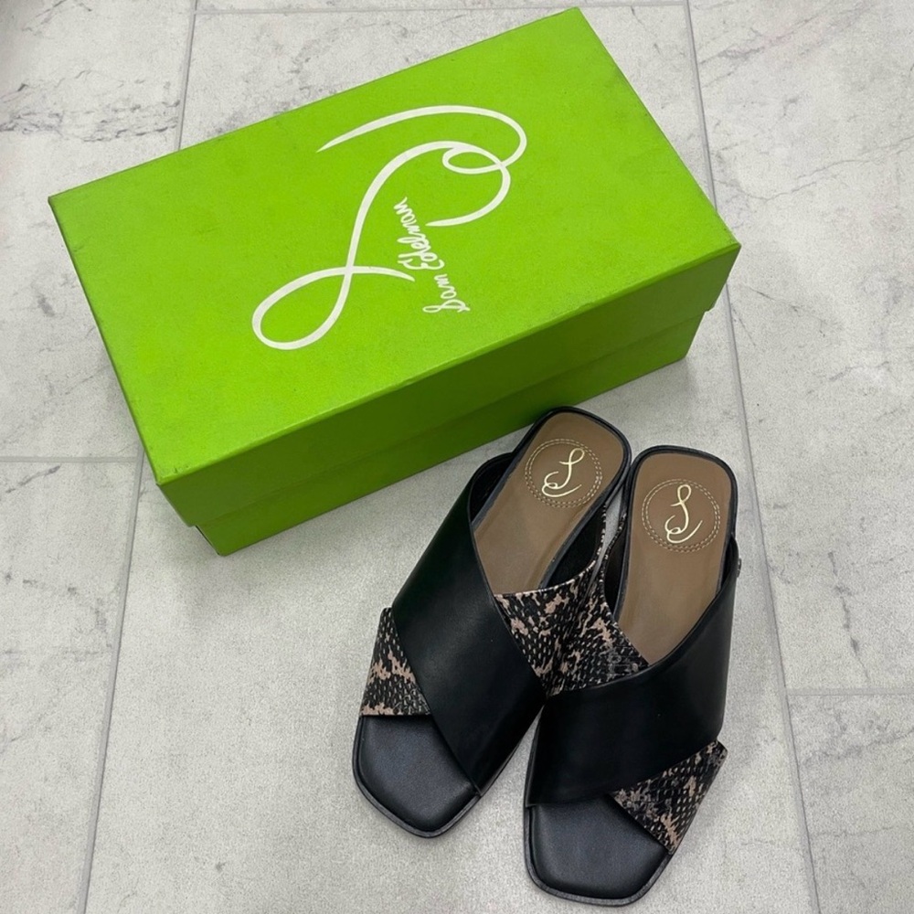 Sam Edelman Idina Slide Sandals – Black Leather Snake Print – Size 5